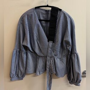 Navy Striped Blouse with Belted Waist